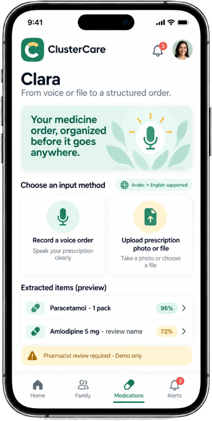 Clara screen: record a voice order or upload a prescription photo