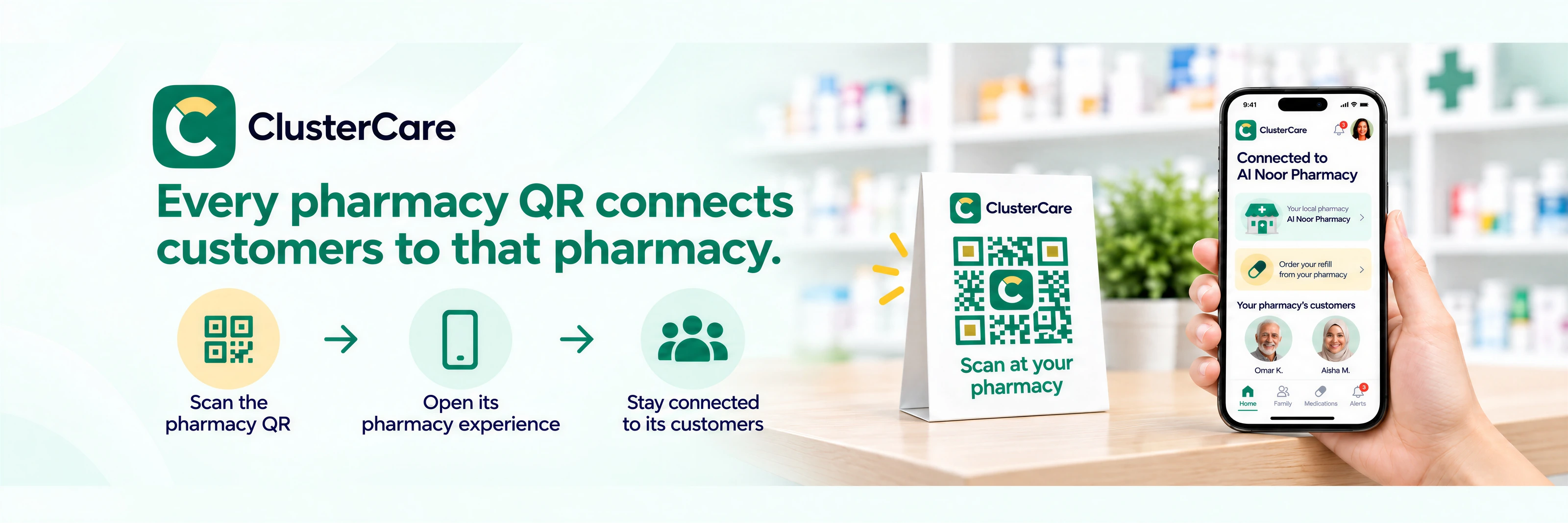 Every pharmacy QR connects customers to that pharmacy: scan the pharmacy QR, open its pharmacy experience, stay connected to its customers